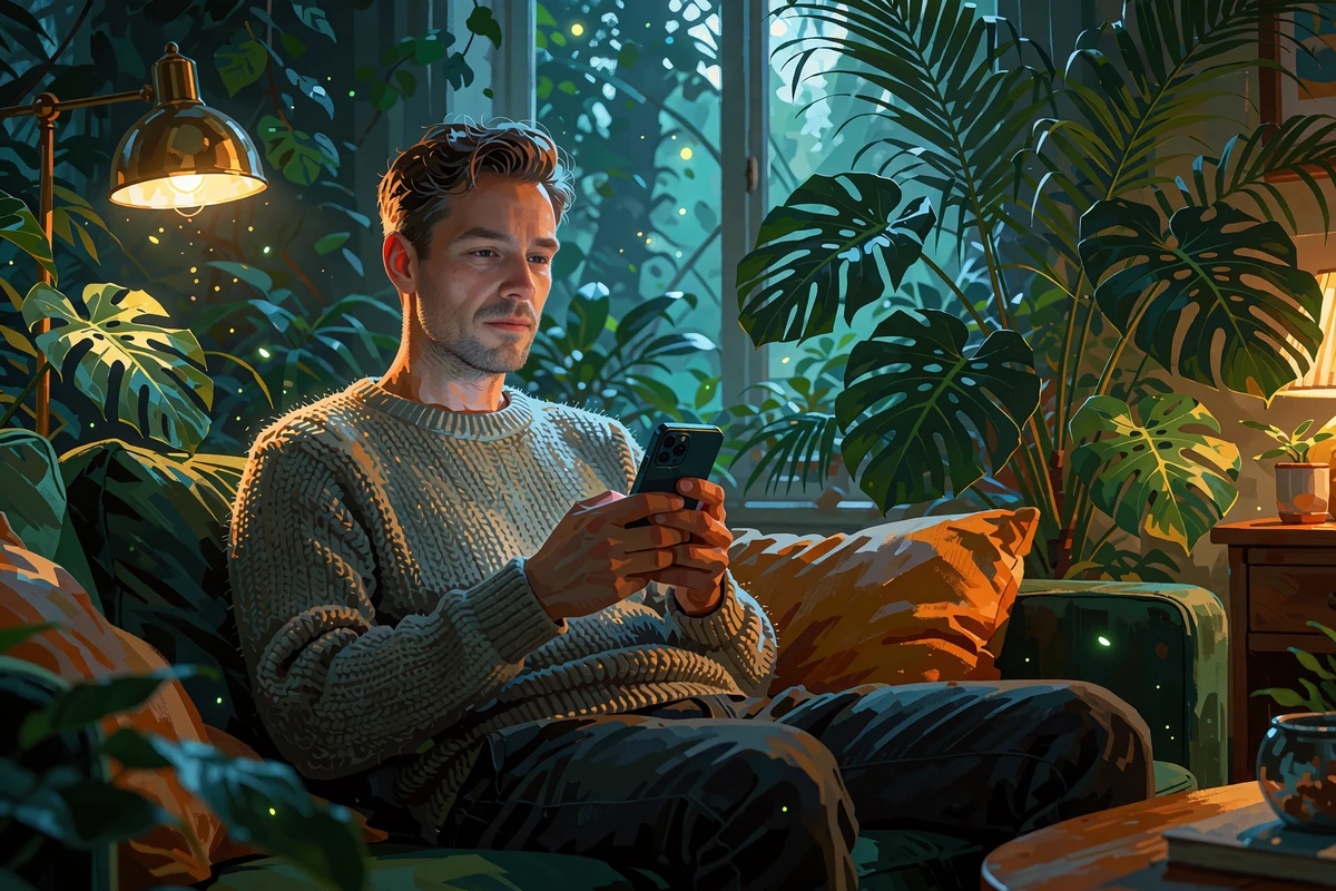 Mand i strikket tr&oslash;je sidder i en gr&oslash;n sofa med mobilen i h&aelig;nderne mellem store stueplanter - budget ved mobil casino