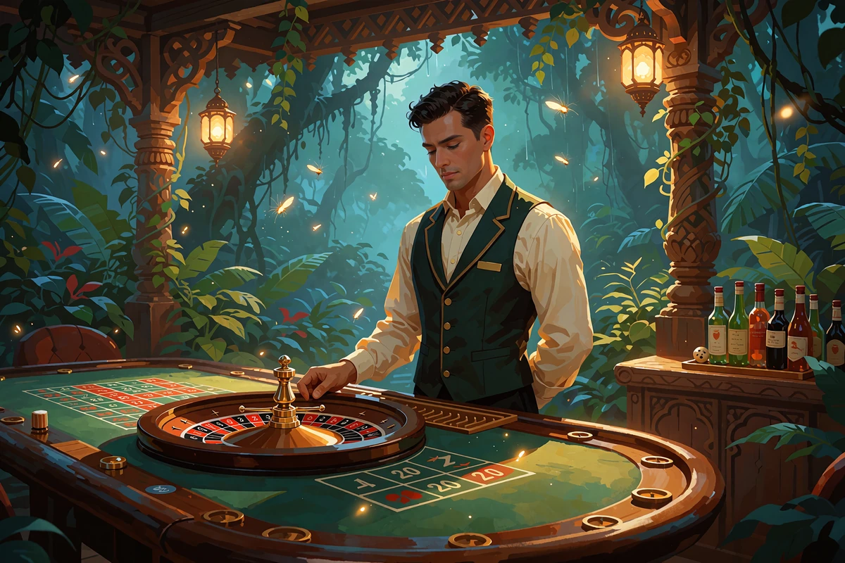 Rolig croupier i m&oslash;rkegr&oslash;n vest ved et roulettebord i en &aring;ben tr&aelig;pavillon i junglen - roulette spil og live casino