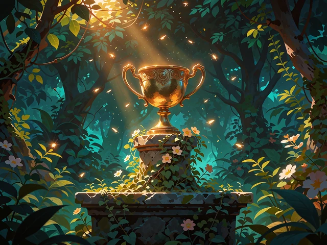 Gylden pokal med to hanke p&aring; en forvitret stenpiedestal omviklet af blomstrende ranker - casinoturneringer