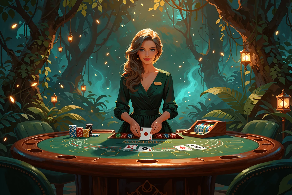 Venlig croupier i m&oslash;rkegr&oslash;n kjole deler kort ved et rundt filtbord i en regnskovslysning - live casino hos Wild Chance