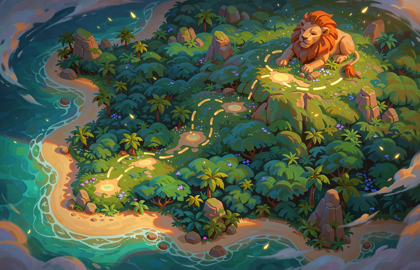 Malet luftfoto af en jungle&oslash; med en stiplet gylden sti mellem lysende lysninger, der ender ved en klippe formet som et l&oslash;vehoved - Bonus Map