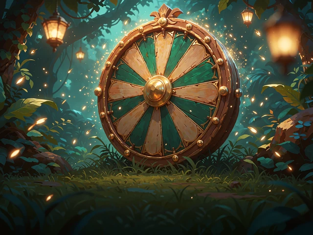 Stort udsk&aring;ret pr&aelig;miehjul i smaragd og guld i en lanterneoplyst junglelysning - live game shows